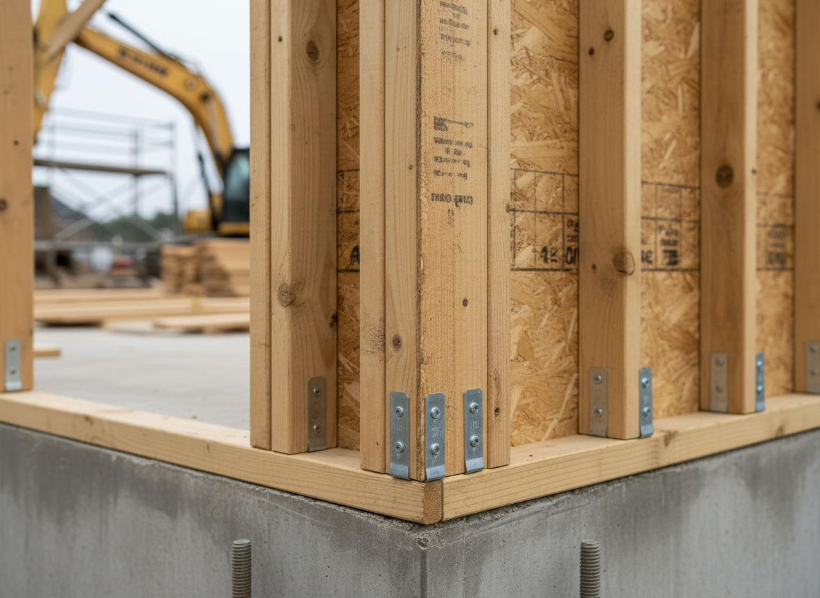 A close-up, detailed view of an exterior wall corner where premium dimensional lumber meets with precision, showing perfectly aligned studs, double top plates, and securely fastened OSB sheathing. The surfaces of the wood display subtle saw marks and natural knots, while galvanized metal straps and nails catch points of light. The wall segment rises from a clean concrete foundation with anchor bolts visible at the base. Soft overcast daylight creates even, diffused illumination, minimizing harsh shadows and emphasizing craftsmanship. Shot from a slightly low angle with shallow depth of field, the sharp focus on the corner joint gradually blurs into an active but unobtrusive construction site background. The photographic style is clean, crisp, and professional, ideal for illustrating quality workmanship and attention to detail.