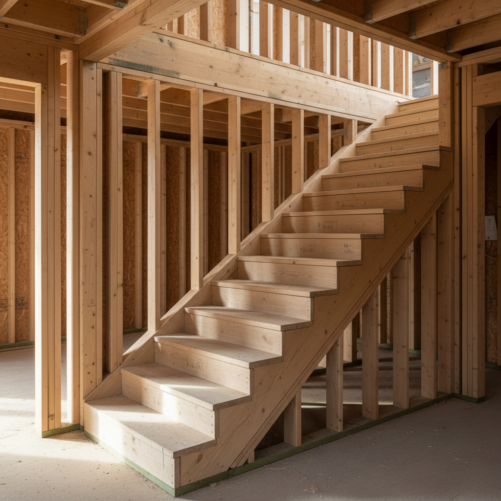 A detailed, eye-level shot of a framed interior staircase within a new residential build, showing sturdy stringers, evenly spaced risers, and temporary treads made from clean, pale lumber. Vertical studs form an elegant, geometric backdrop, while a substantial LVL beam spans overhead, supported by tightly fastened posts. The wood displays a mix of smooth planed surfaces and raw cut ends, with pencil layout marks still faintly visible. Natural light pours in from an unseen window, creating a calm, warm glow that highlights the textures of the wood and casts soft, directional shadows along the steps. Photographic realism with a moderate depth of field keeps the staircase crisply in focus while gently blurring the rest of the framed interior, communicating precision, safety, and professionalism.