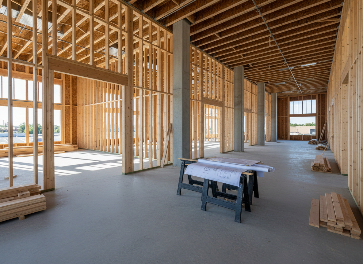 An expansive interior shot of a partially framed commercial building, featuring long, continuous rows of tall wall studs, engineered LVL beams, and heavy-duty laminated columns stretching into the distance. The open floor is neatly swept, with stacks of sorted lumber and labeled framing plans resting on sawhorses in the midground. High, unfinished ceilings expose a network of carefully spaced joists and metal hangers. Bright midday sunlight filters through large open window and door openings, creating rhythmic patterns of light and shadow across the concrete floor. Captured with a wide-angle lens from a slightly elevated corner, the composition emphasizes depth, symmetry, and scale, all rendered in photographic realism. The mood is organized and efficient, conveying capability for large commercial framing projects in a modern, professional aesthetic.