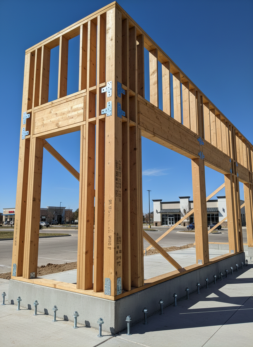 A detailed view of heavy-duty exterior wood framing for a commercial storefront, featuring tall, robust studs, double and triple posts, and engineered headers over future large window openings. The structure rests on a smooth concrete curb, with anchor bolts, metal straps, and structural connectors clearly visible and evenly spaced. The fresh lumber has a light honey tone, with occasional grade stamps adding authenticity. Bright, clear midday light illuminates the scene, creating crisp, defined shadows that accentuate the vertical and horizontal lines. Captured from a slightly low, wide-angle perspective in photographic realism, the composition positions the storefront framing prominently against a clear sky and hints of surrounding commercial development, portraying strength, durability, and readiness for demanding Jonesboro business projects.