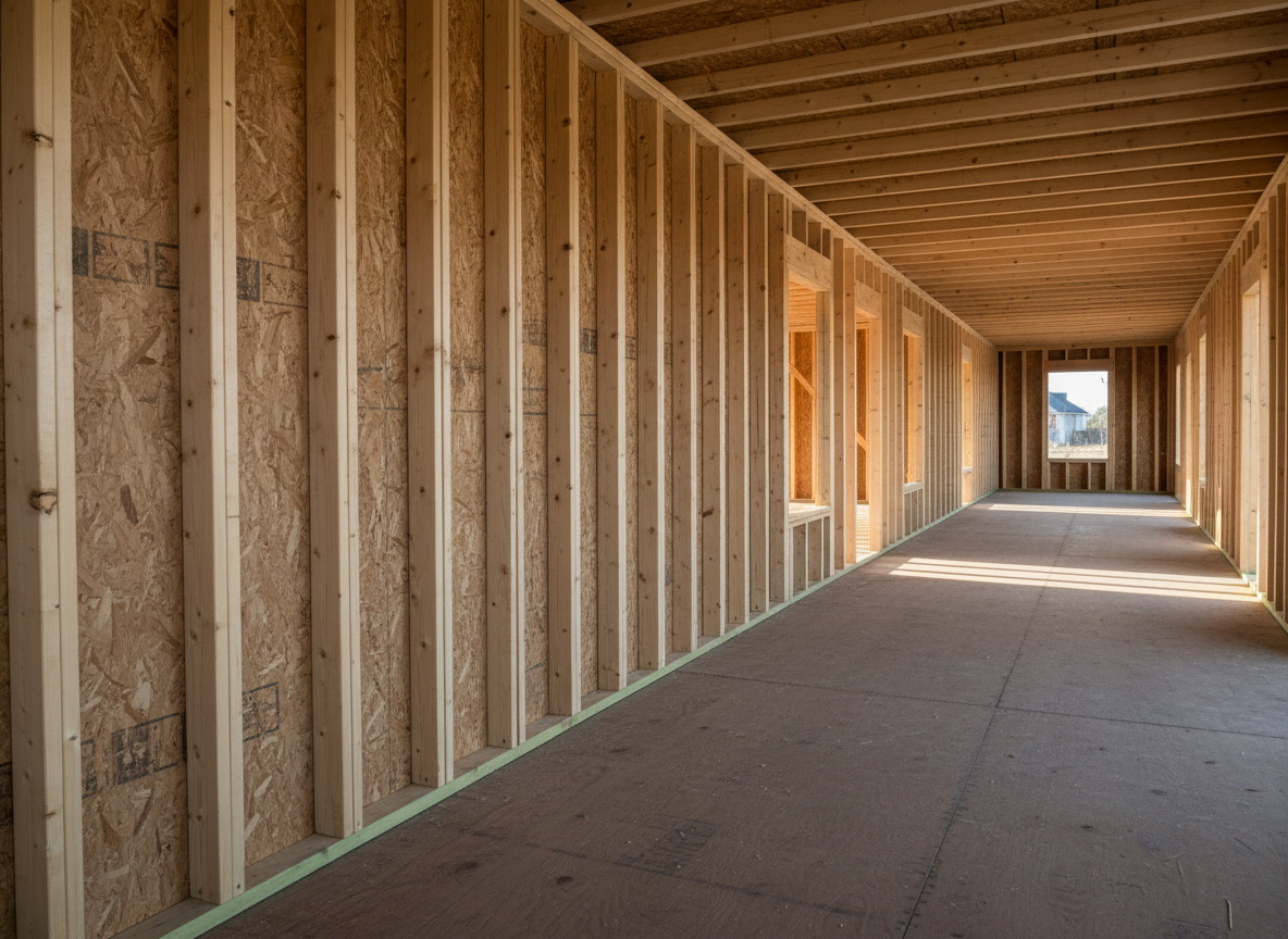 A long, straight run of interior wall framing inside a large open residential space, featuring perfectly plumb studs spaced at exact intervals, capped by a smooth double top plate and clean bottom plate anchored to the subfloor. The pale color of fresh lumber contrasts with the darker OSB sheathing and plywood subfloor. In the distance, framed window and door openings create a rhythmic pattern of rectangles filled with soft outdoor light. Late afternoon sun filters in through these openings, casting linear shadows that emphasize the precision of the framing layout. Shot at eye level down the length of the wall with a strong sense of depth and vanishing point, the photographic realism and balanced composition communicate reliability, consistency, and high standards of workmanship.
