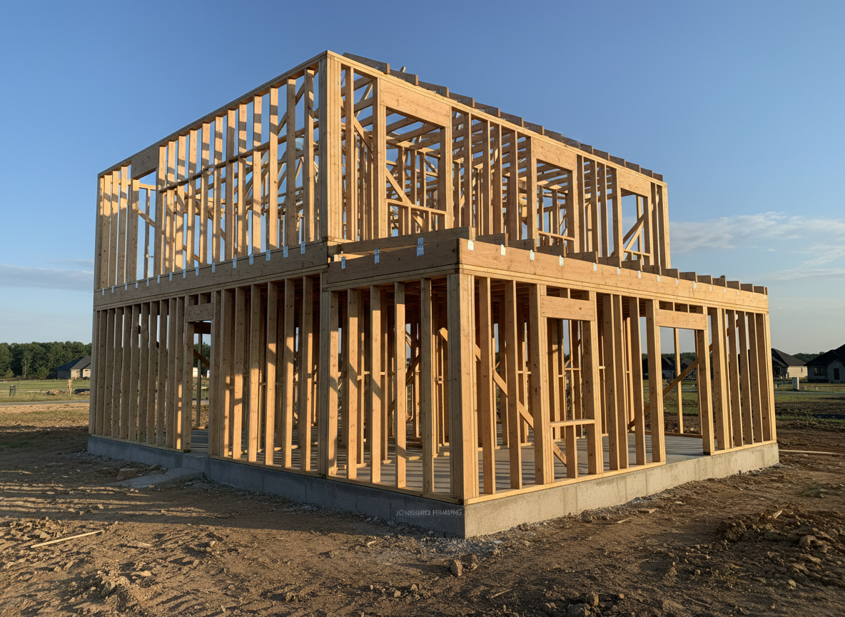 A meticulously framed two-story residential structure in early construction, showcasing clean, straight lines of light-colored lumber forming crisp wall studs, ceiling joists, and roof trusses. The wood grain is clearly visible, with metal brackets and fasteners neatly aligned at every connection. The structure stands on a smooth concrete slab surrounded by a tidy, compacted dirt lot on the outskirts of Jonesboro, AR. Late afternoon natural light casts warm, defined shadows that emphasize the geometry of the framing. Captured at eye level with a wide-angle lens in photographic realism, the composition follows the rule of thirds, highlighting both the structure and open sky, conveying a professional, organized, and trustworthy atmosphere suitable for a wood framing contractor’s homepage hero image.