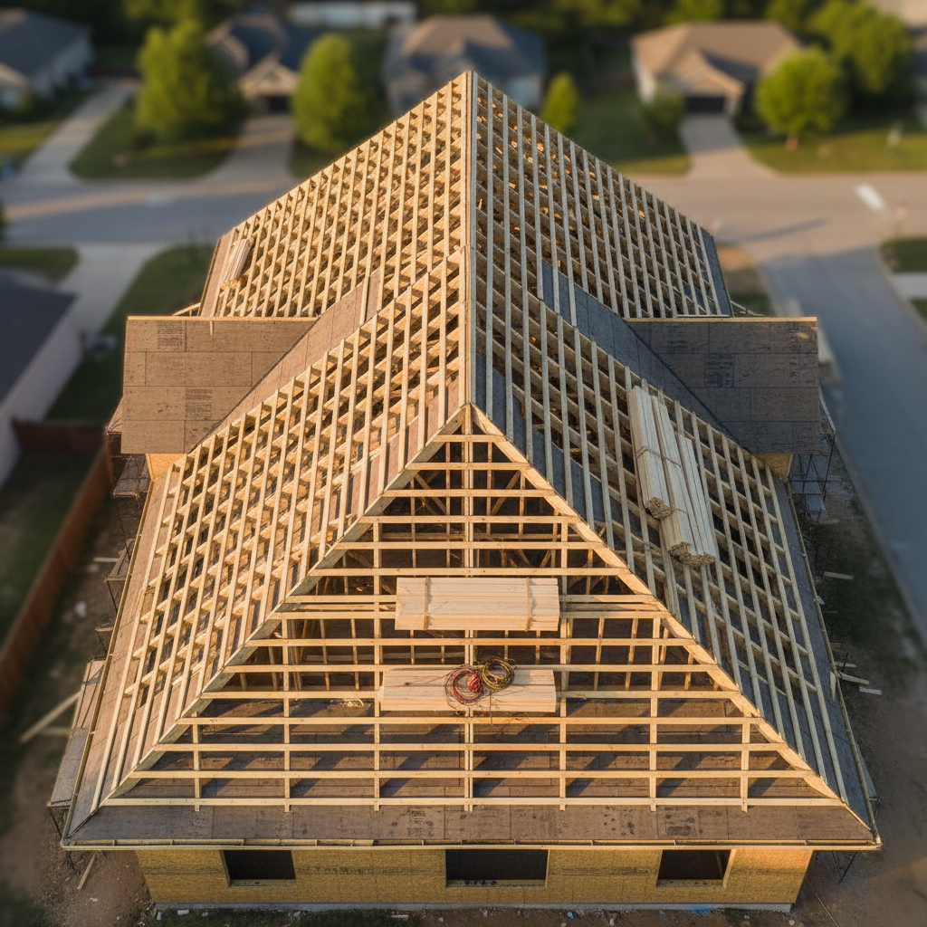 A precise overhead view of a freshly framed residential roof system on a single-family home, highlighting a network of uniformly spaced trusses and meticulously aligned rafters. The light golden hue of the new lumber contrasts with the darker sheathing panels already installed on part of the roof. Neatly stacked leftover boards and a few coiled extension cords rest on the clean plywood deck. Early morning light from a low sun angle creates gentle, elongated shadows between the trusses, enhancing the sense of depth and structural order. Shot in photographic realism from a drone-like bird’s-eye perspective, the composition centers the roof framing against a subtle backdrop of neighboring Jonesboro streets and soft greenery, illustrating technical expertise and careful planning in roof framing work.